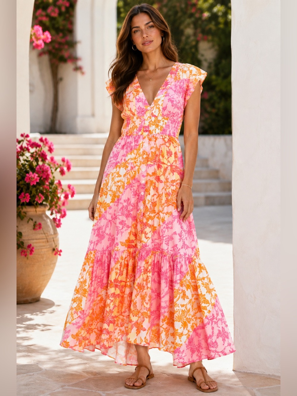 Derek Lam 10 Crosby x RTR Tiered Floral Midi Dress IT 42 Pink Orange Cotton Boho